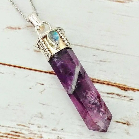 The Girl With Kaleidoscope Eyes Jewelry - Chevron Amethyst Crystal & Moonstone Pendent